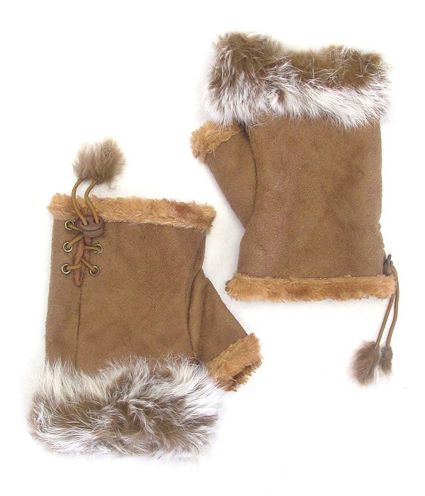 Faux rabbit fur open fingertip mitten gloves