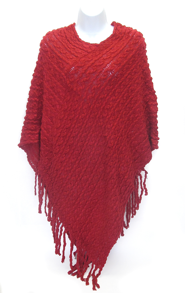 Solid color tassel drop knit poncho - 10 oz