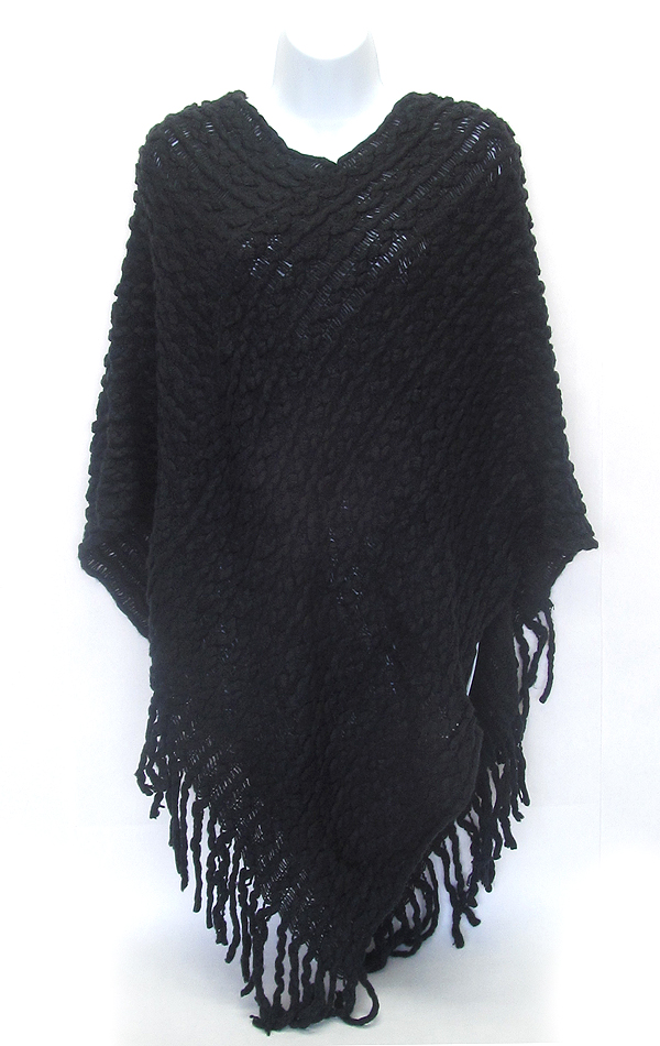 Solid color tassel drop knit poncho - 10 oz