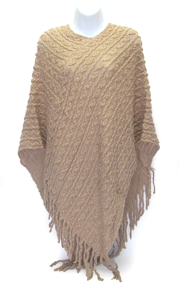 Solid color tassel drop knit poncho - 10 oz