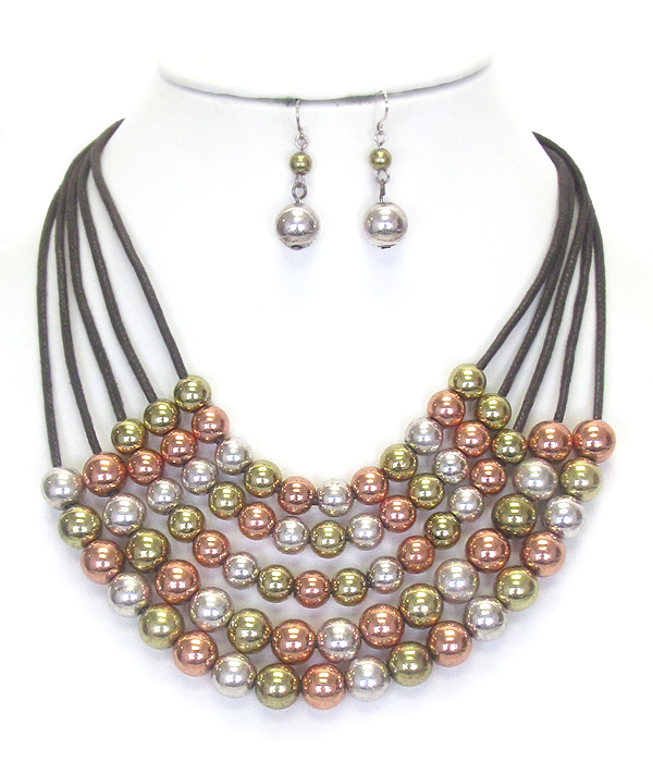 Multi metal ball and layer cord necklace set