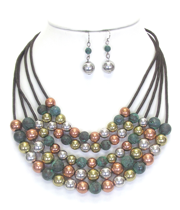 Multi metal ball and layer cord necklace set