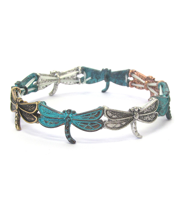 Vintage rustic metal stretch bracelet - dragonfly