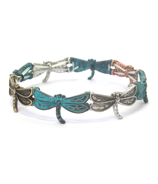 VINTAGE RUSTIC METAL STRETCH BRACELET - DRAGONFLY