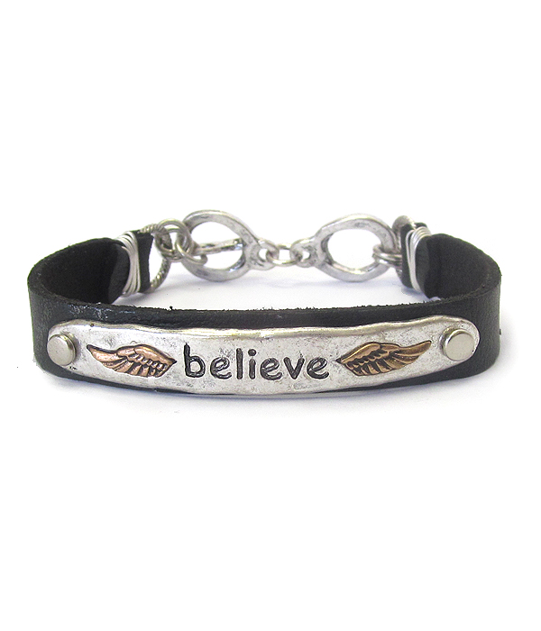 RELIGIOUS INSPIRATION VINTAGE METAL AND LEATHERETTE TOGGLE BRACELET - BELIEVE