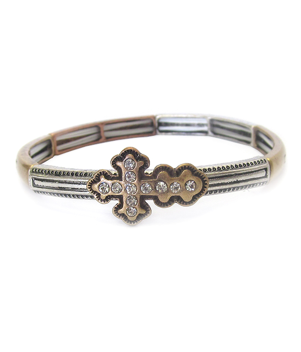 Vintage rustic metal stretch bracelet - cross