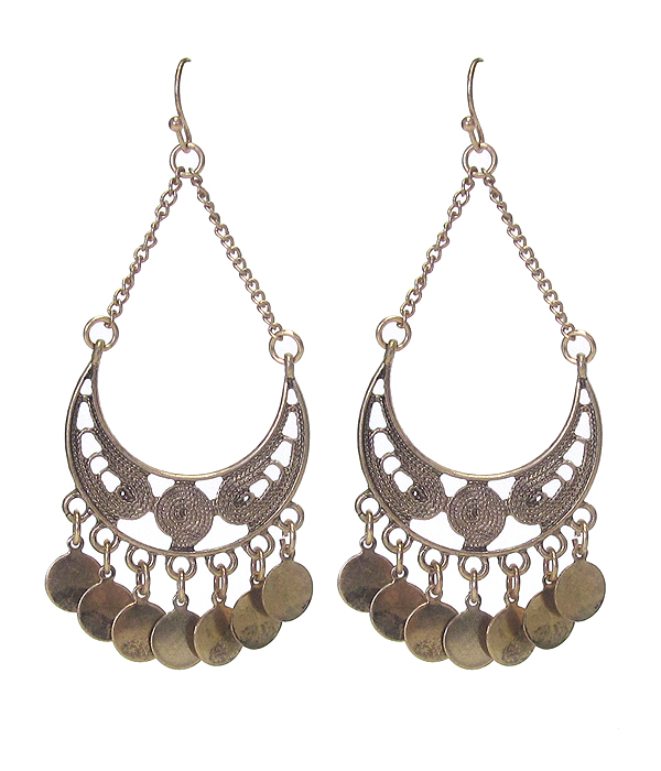 Vintage style metal filigree and disk dangle earring