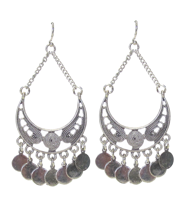 Vintage style metal filigree and disk dangle earring