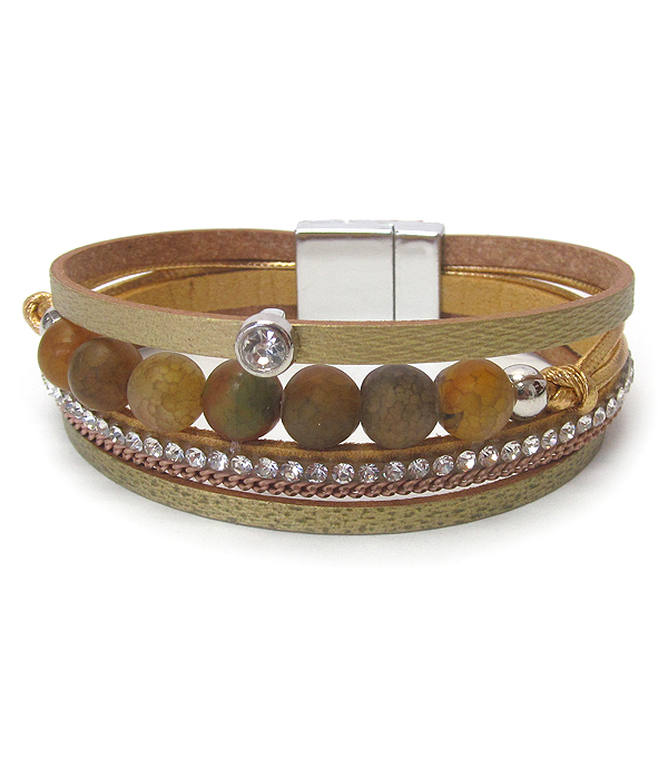 MULTI BALL STONE AND LEATHER MAGNETIC BRACELET