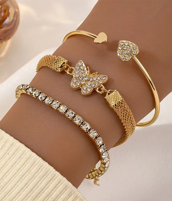 3 piece rhinestone butterfly heart bracelet set