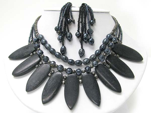 Ethnic style multi strand wood and bead necklace earring set