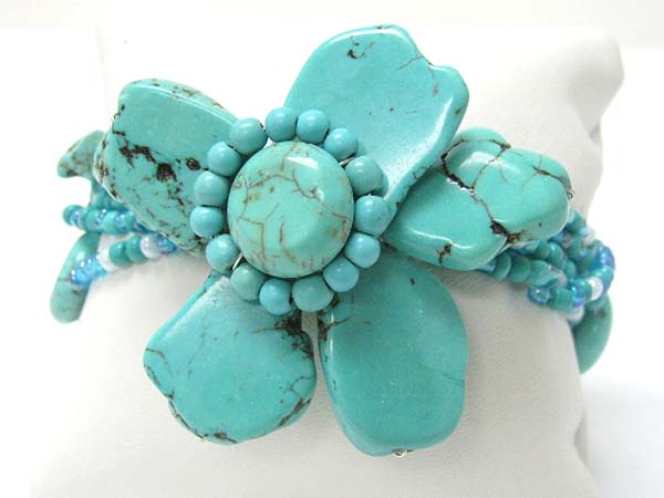 Natural stone and beads deco flower top multi beads stretch bracelet