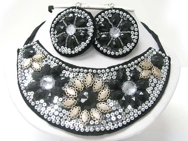 Acryl and sequins deco fabric round bib necklace earring set