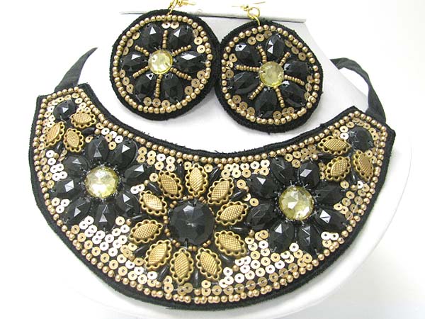 ACRYL AND SEQUINS DECO FABRIC ROUND BIB NECKLACE EARRING SET