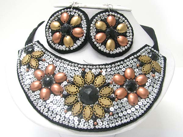 ACRYL AND SEQUINS DECO FABRIC ROUND BIB NECKLACE EARRING SET