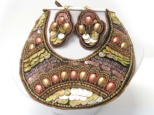 ACRYL AND SEQUINS DECO FABRIC ROUND BIB NECKLACE EARRING SET