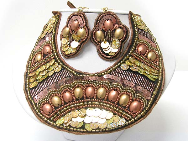 Acryl and sequins deco fabric round bib necklace earring set