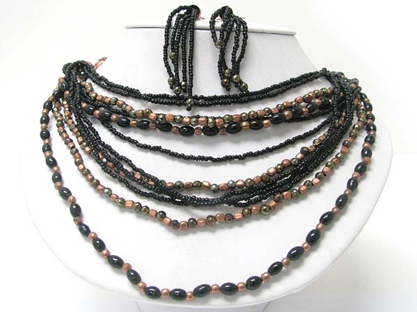 Multi strand ceramic and metallic beads mixed neckalce earring set