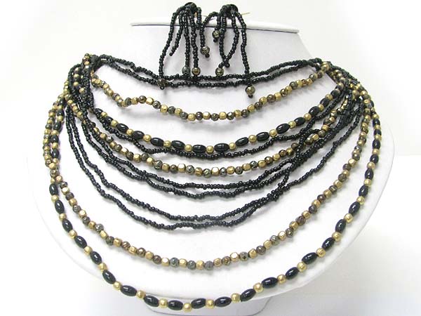 Multi strand ceramic and metallic beads mixed neckalce earring set