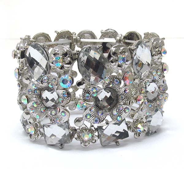Crystal and multi metal flower deco link stretch bracelet