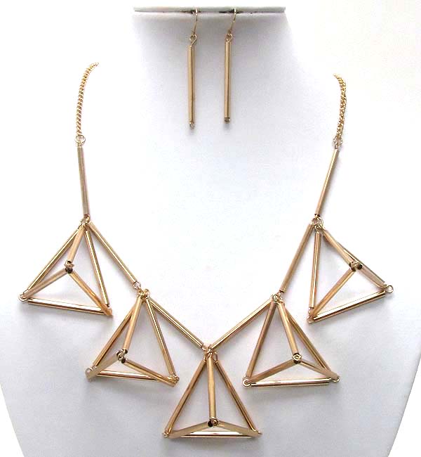 MULTI CONNETED METAL TUBS PYRAMID MOTIF DROP NECKLACE EARRING SET