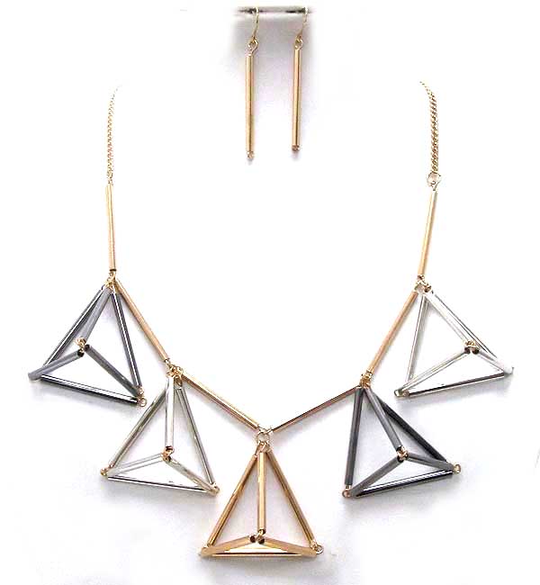 MULTI CONNETED METAL TUBS PYRAMID MOTIF DROP NECKLACE EARRING SET