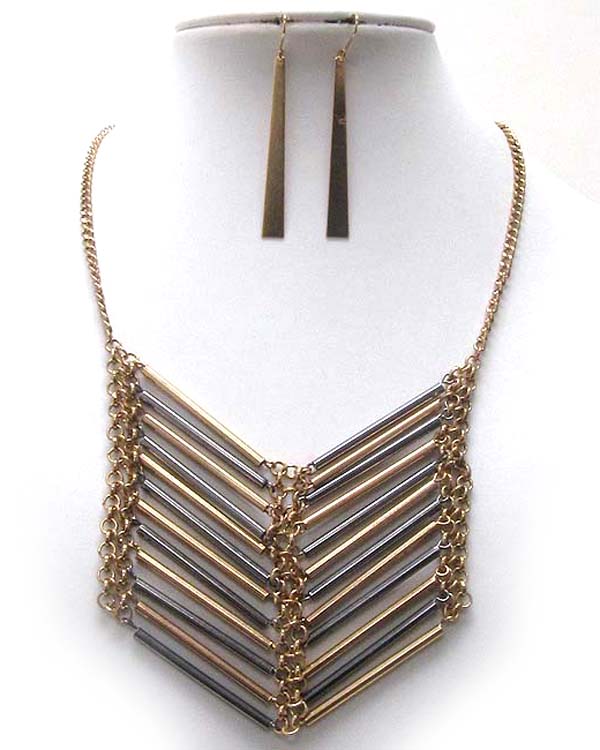 Metal conneted tubs and chain design arrowhead drop chain necklace earring set