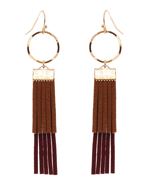 Metal hoop and suede tassel drop earring