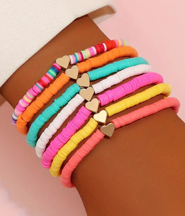 7 piece stackable clay bead heart stretch bracelet set