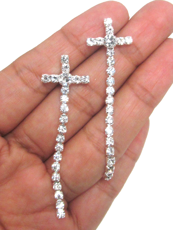 Rhinestone long cross earring