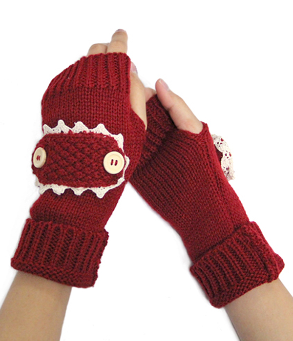 Vintage lace button accent open finger knit glove or arm warmer
