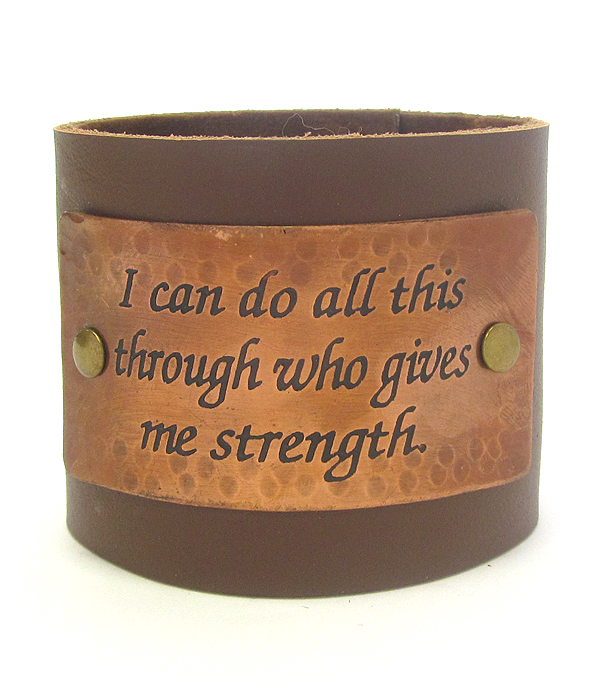 Inspiration message engraved metal thick leatherette snap on bracelet