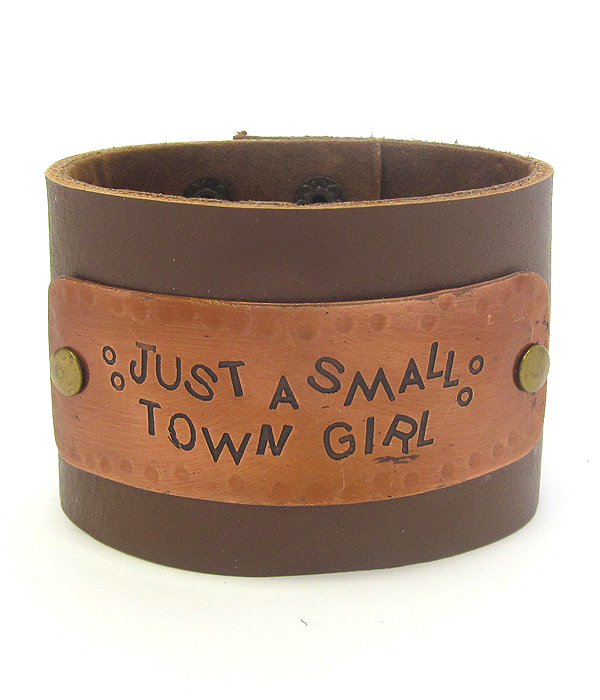 Inspiration message engraved metal thick leatherette snap on bracelet
