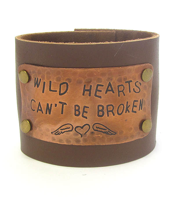 Inspiration message engraved metal thick leatherette snap on bracelet