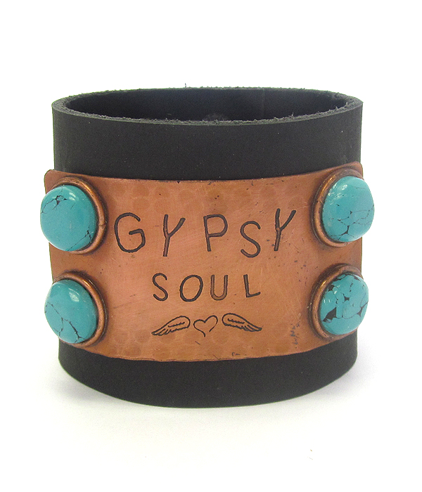 Inspiration message engraved metal thick leatherette snap on bracelet