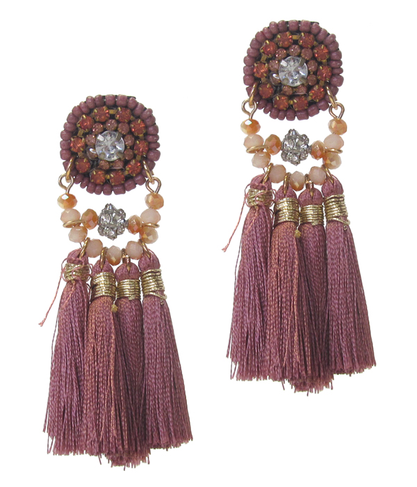 Multi crystal and thread tassel drop earring