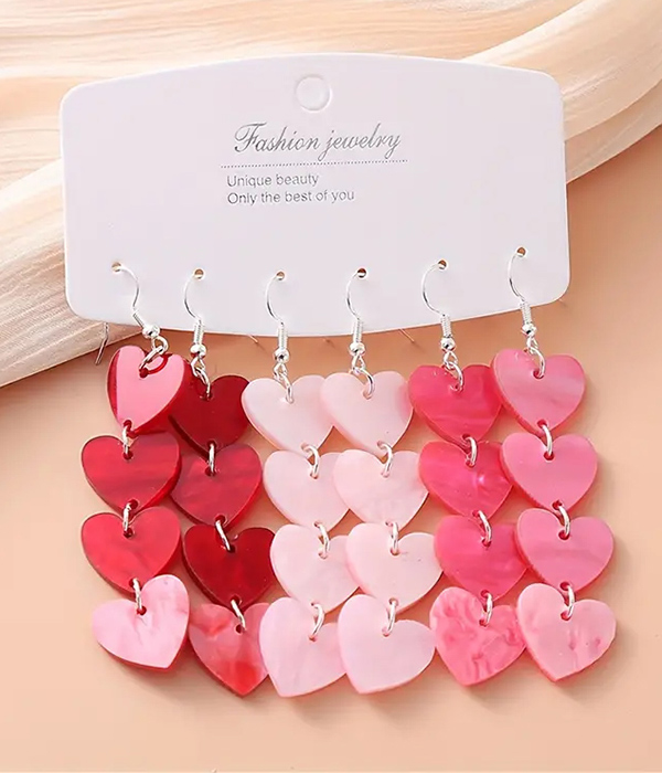 Valentine theme 3 pair acrylic heart drop earring