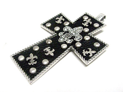 Crystal and patina metal fleur de lis cross pendant