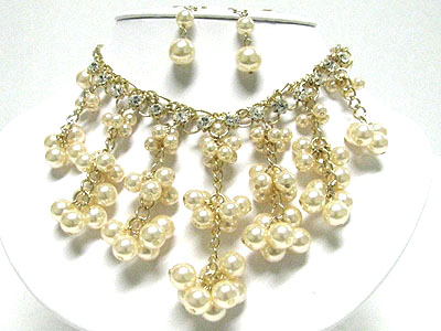 Multi pearl beads cluster drop and crystal line necklace set