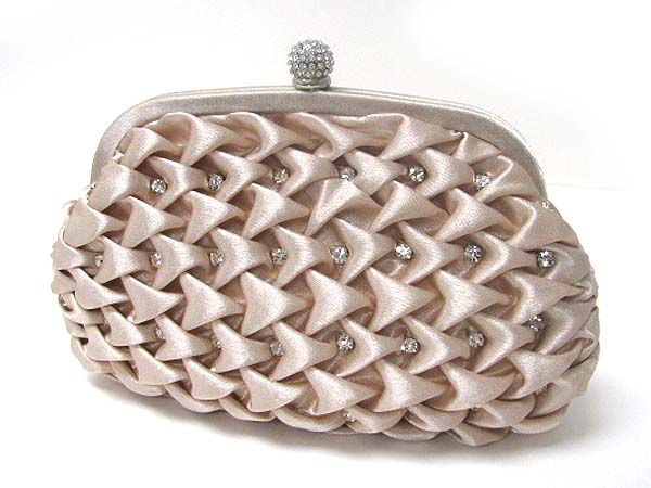 Crystal deco ruffled satin clutch bag - metal chain strap included