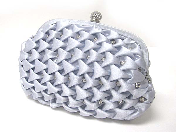 Crystal deco ruffled satin clutch bag - metal chain strap included