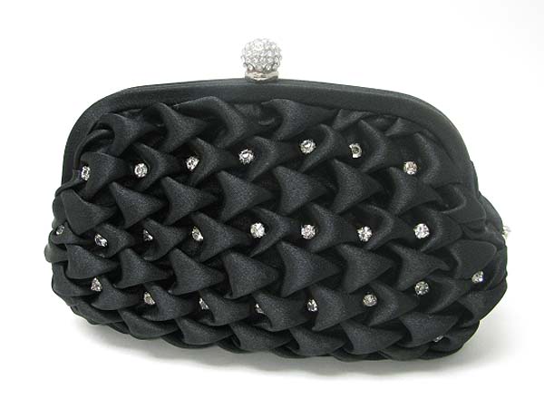 Crystal deco ruffled satin clutch bag - metal chain strap included