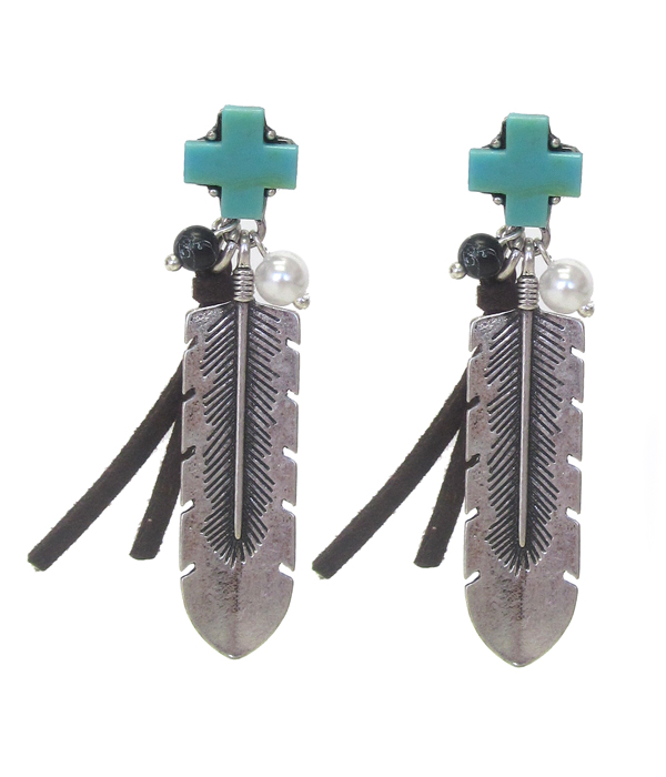 Cross and metal feather drop earring