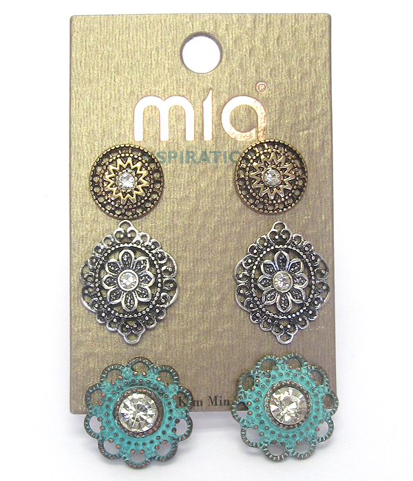 Metal filigree disk 3 pair earring set