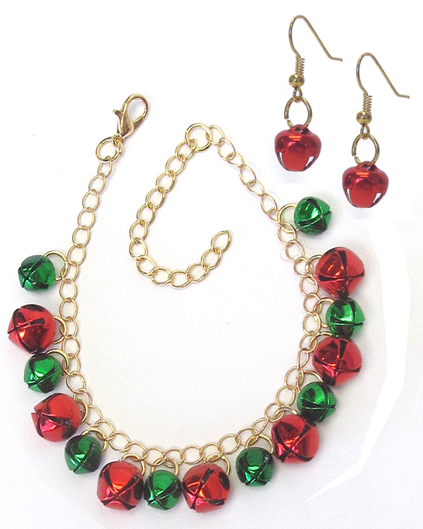 Christmas theme bell dangle bracelet and earring set