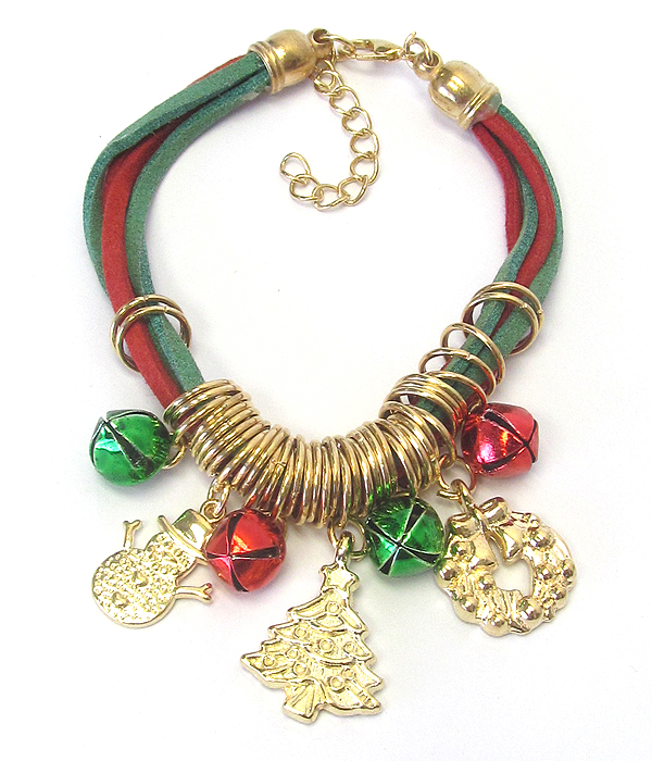 Christmas theme multi charm and leatherette cord bracelet