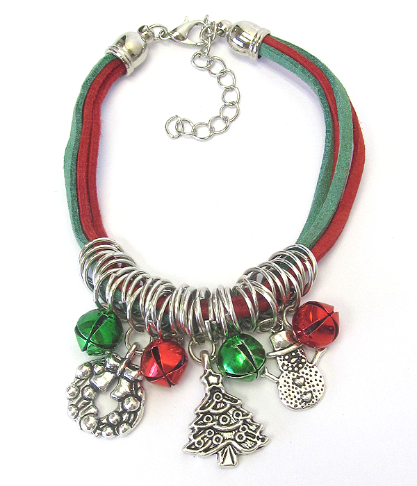 Christmas theme multi charm and leatherette cord bracelet