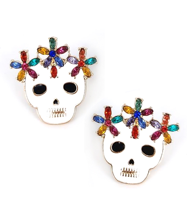 CRYSTAL AND EPOXY SUGAR SKULL EARRING