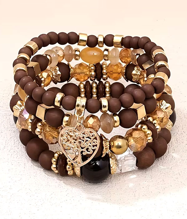 Boho style tree of life charm acrylic bead 4 stretch bracelet set