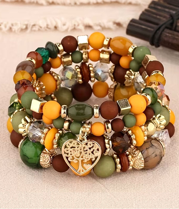Boho style tree of life charm acrylic bead 4 stretch bracelet set